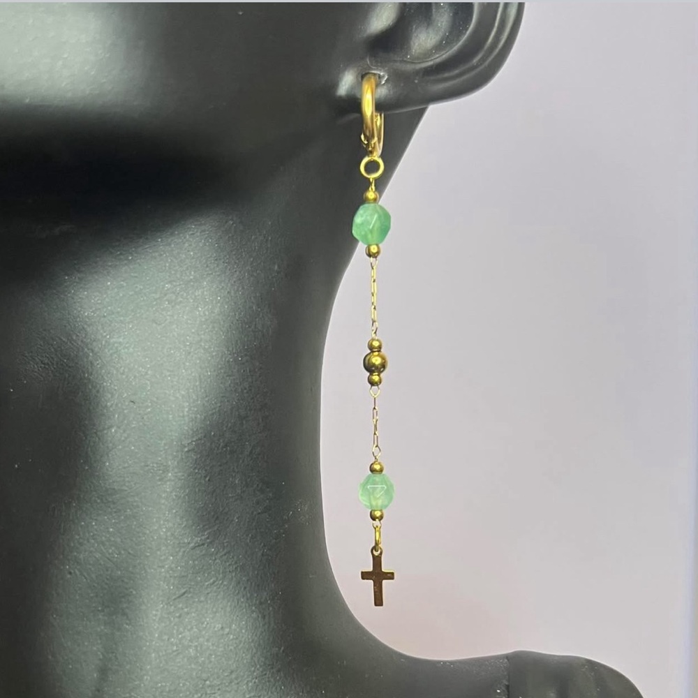 ♥️SOLD♥️Natural Stone Aventurine Bead w Cross Ear Huggie - Picture 3 of 3